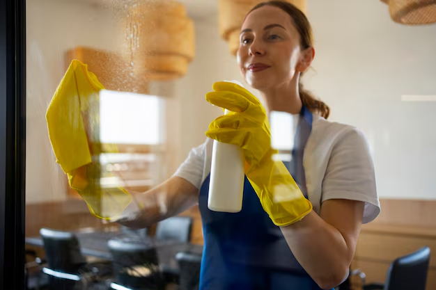 Gebäudereinigung kraft bei der professionellen Glasreinigung in einem Bürogebäude